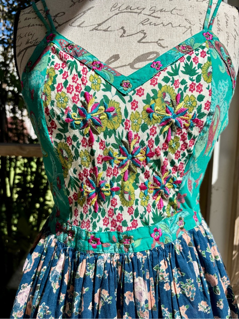Patrons of Peace Teal and Navy Floral Patchwork Midi Dress - Picture 2 of 5